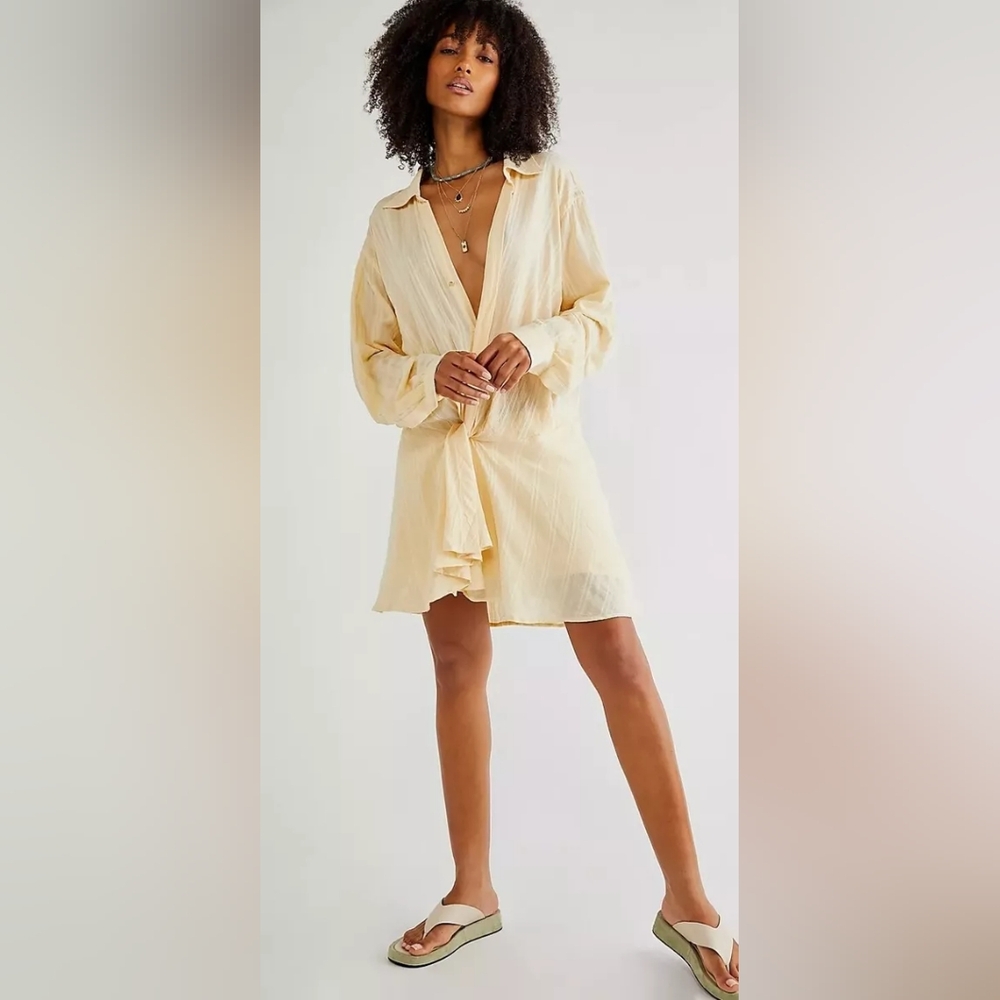 Free People Tara Twist Cotton Blend Butter Yellow Mini Dress Sz S NWT